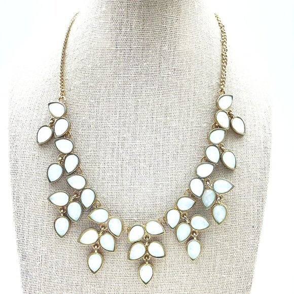White Teardrop Statement Necklace Gold Tone Bib Signed A - Picture 1 of 10